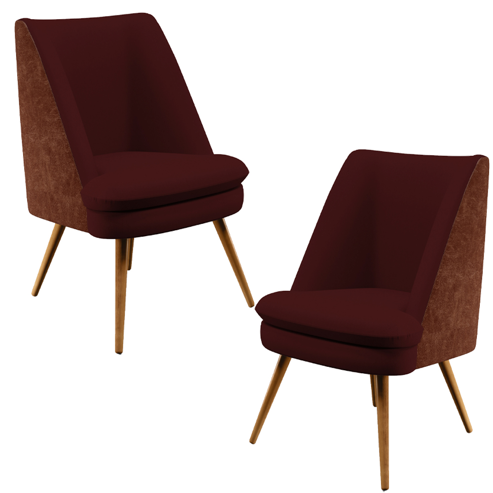 Kit 02 Poltronas Pérsia Fixa Pés Palito D02 Veludo Marsala C-278 Corano Marrom B-38 - Lyam Decor