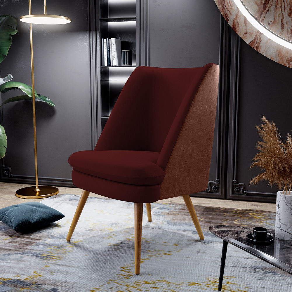Kit 02 Poltronas Pérsia Fixa Pés Palito D02 Veludo Marsala C-278 Corano Marrom B-38 - Lyam Decor