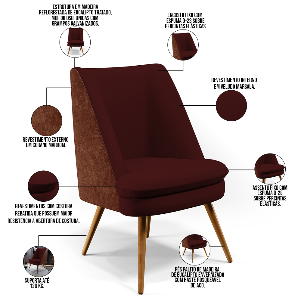 Kit 02 Poltronas Pérsia Fixa Pés Palito D02 Veludo Marsala C-278 Corano Marrom B-38 - Lyam Decor