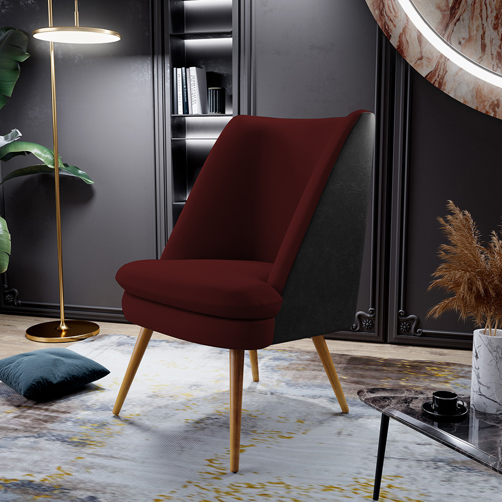 Kit 02 Poltronas Pérsia Fixa Pés Palito D02 Veludo Marsala C-278 Corano Preto B-97 - Lyam Decor