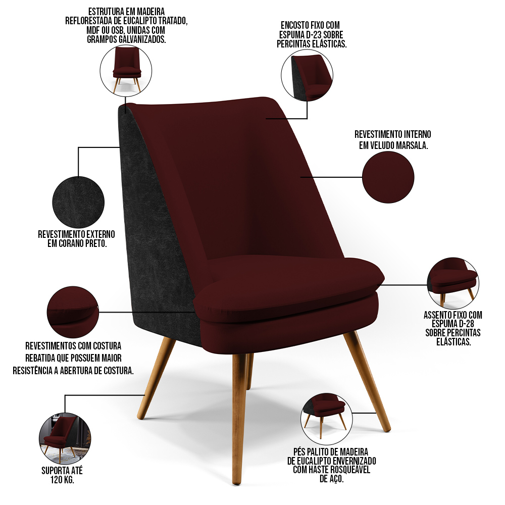 Kit 02 Poltronas Pérsia Fixa Pés Palito D02 Veludo Marsala C-278 Corano Preto B-97 - Lyam Decor