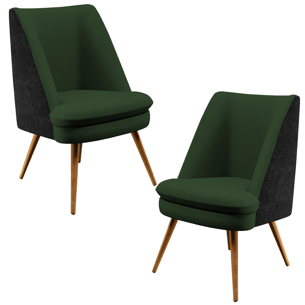 Kit 02 Poltronas Pérsia Pés Palito D02 Linho Verde Musgo C-117 Corano Preto B-97 - Lyam Decor