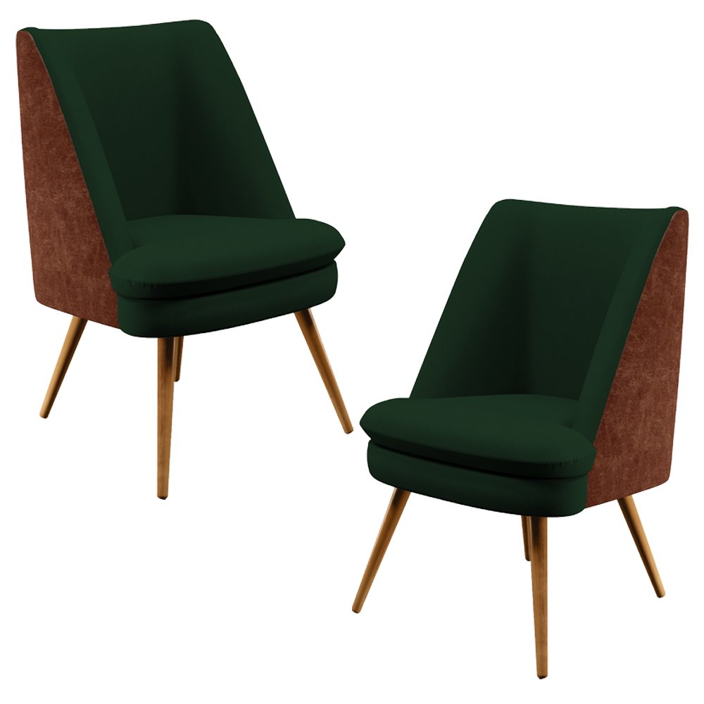 Kit 02 Poltronas Pérsia Pés Palito D02 Veludo Verde Musgo C-303 Corano Marrom B-38 - Lyam Decor