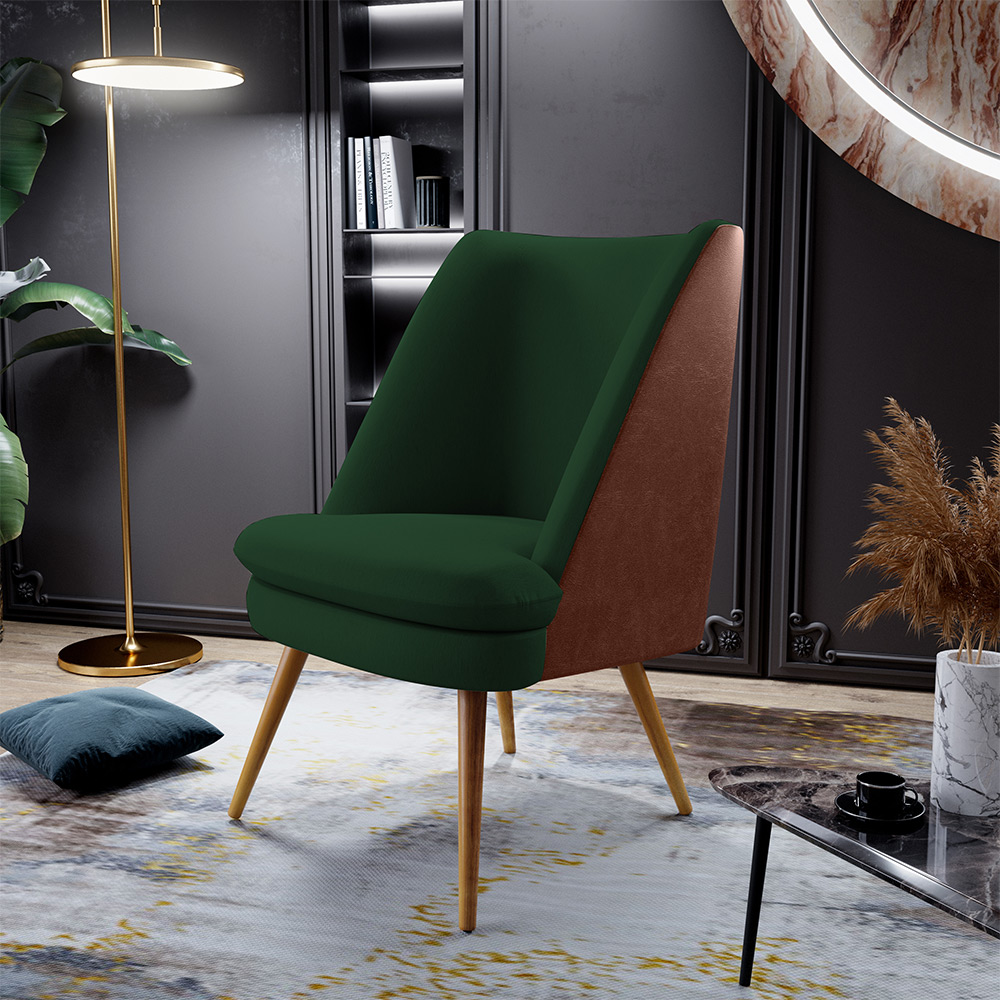 Kit 02 Poltronas Pérsia Pés Palito D02 Veludo Verde Musgo C-303 Corano Marrom B-38 - Lyam Decor