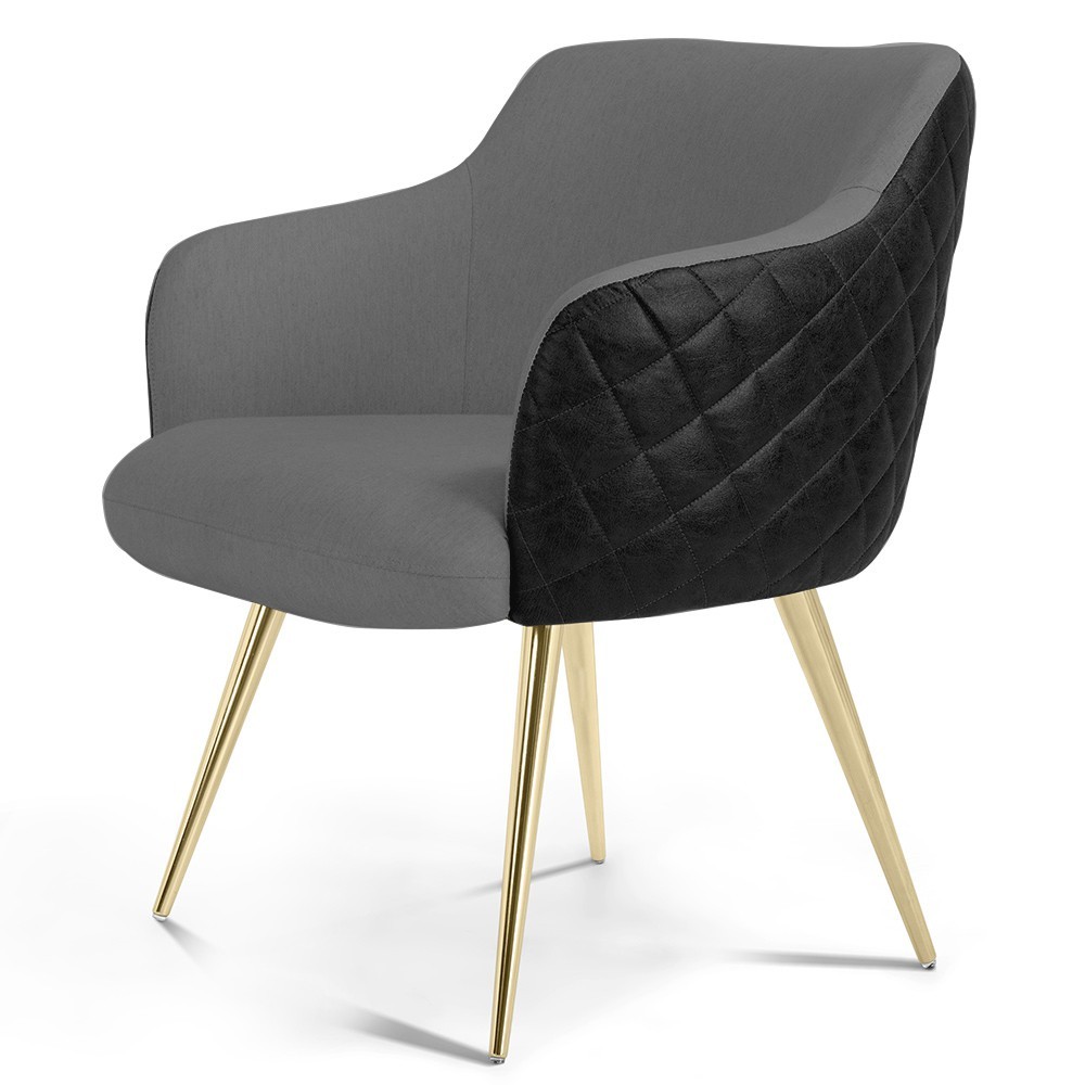 Kit 02 Poltronas Pés Palito D'Ouro Jade D02 Linho Cinza C-416 Tressê Corano Preto - Lyam Decor