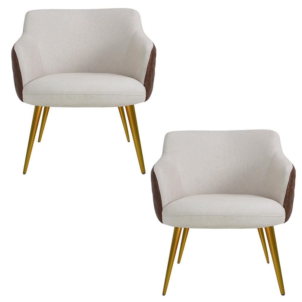 Kit 02 Poltronas Pés Palito New Bronze Jade D02 Linho Bege C-107 Tressê Corano Marrom - Lyam Decor