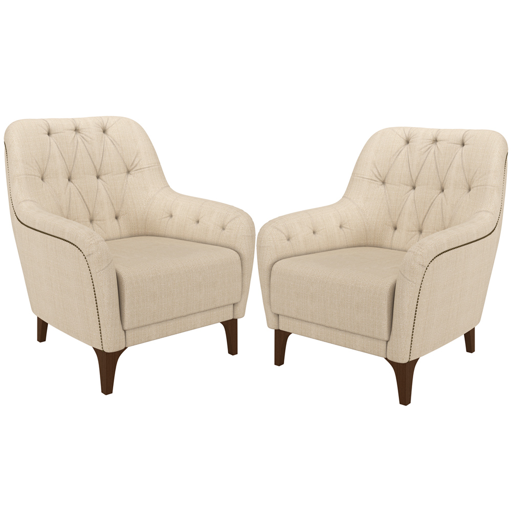 Kit 02 Poltronas Para Sala De Estar Com Tachas Base Fixa Blenda M03 Linho Bege - Lyam Decor