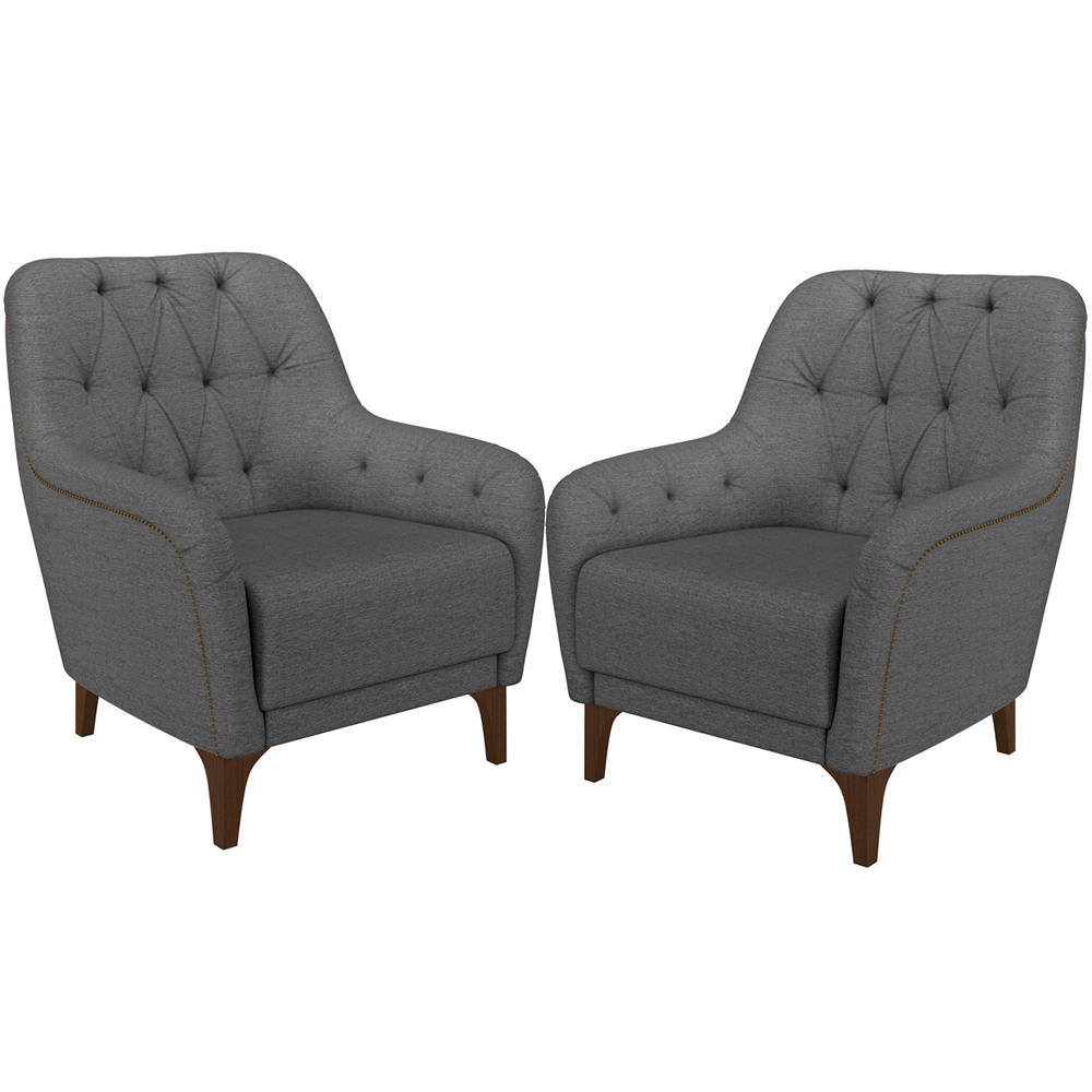 Kit 02 Poltronas Para Sala De Estar Com Tachas Base Fixa Blenda M03 Linho Chumbo - Lyam Decor