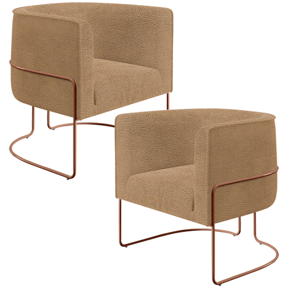 Kit 02 Poltronas Para Sala De Estar Decorativa Fixa Base Aço New Cobre Betina D02 Bouclê Mostarda - Lyam Decor