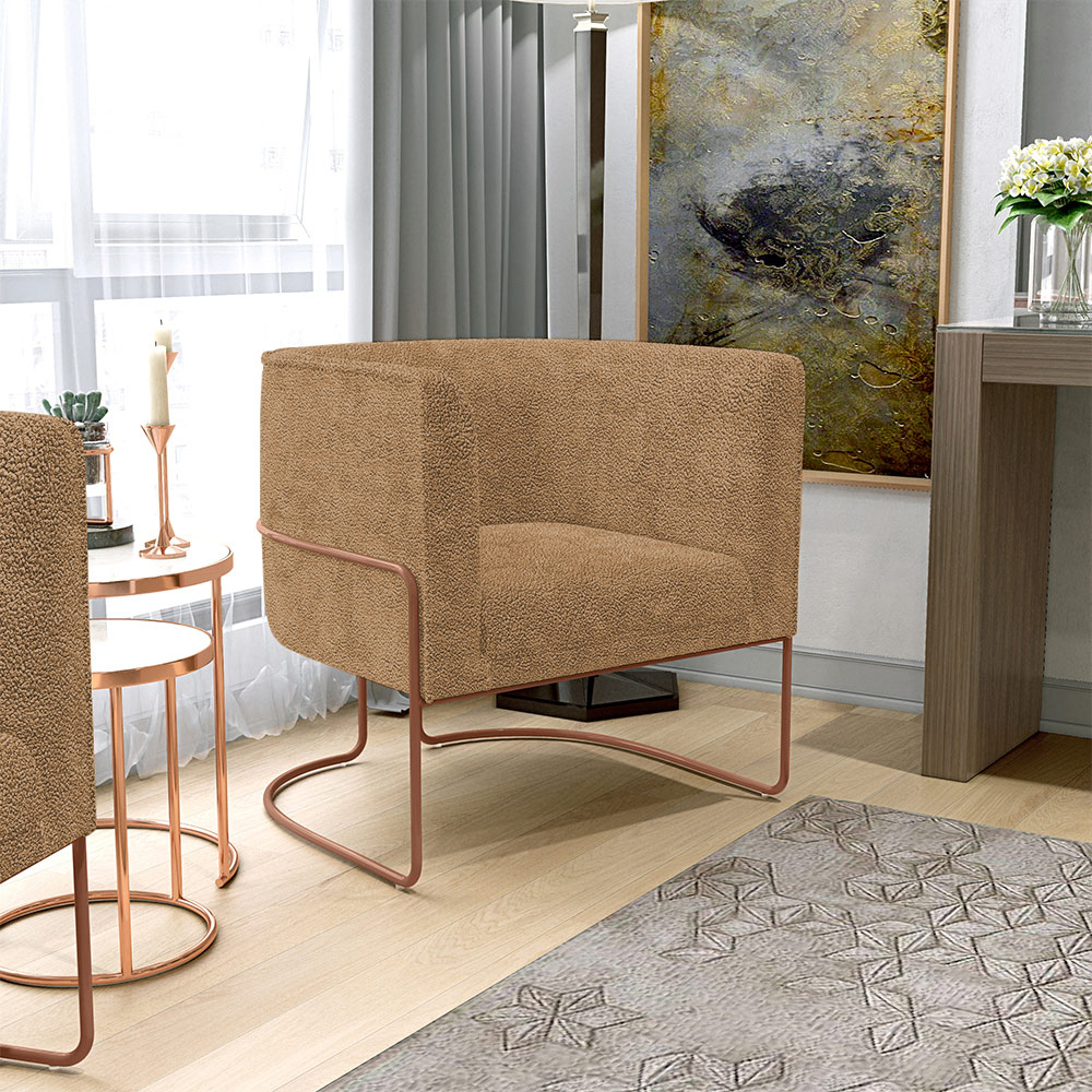 Kit 02 Poltronas Para Sala De Estar Decorativa Fixa Base Aço New Cobre Betina D02 Bouclê Mostarda - Lyam Decor