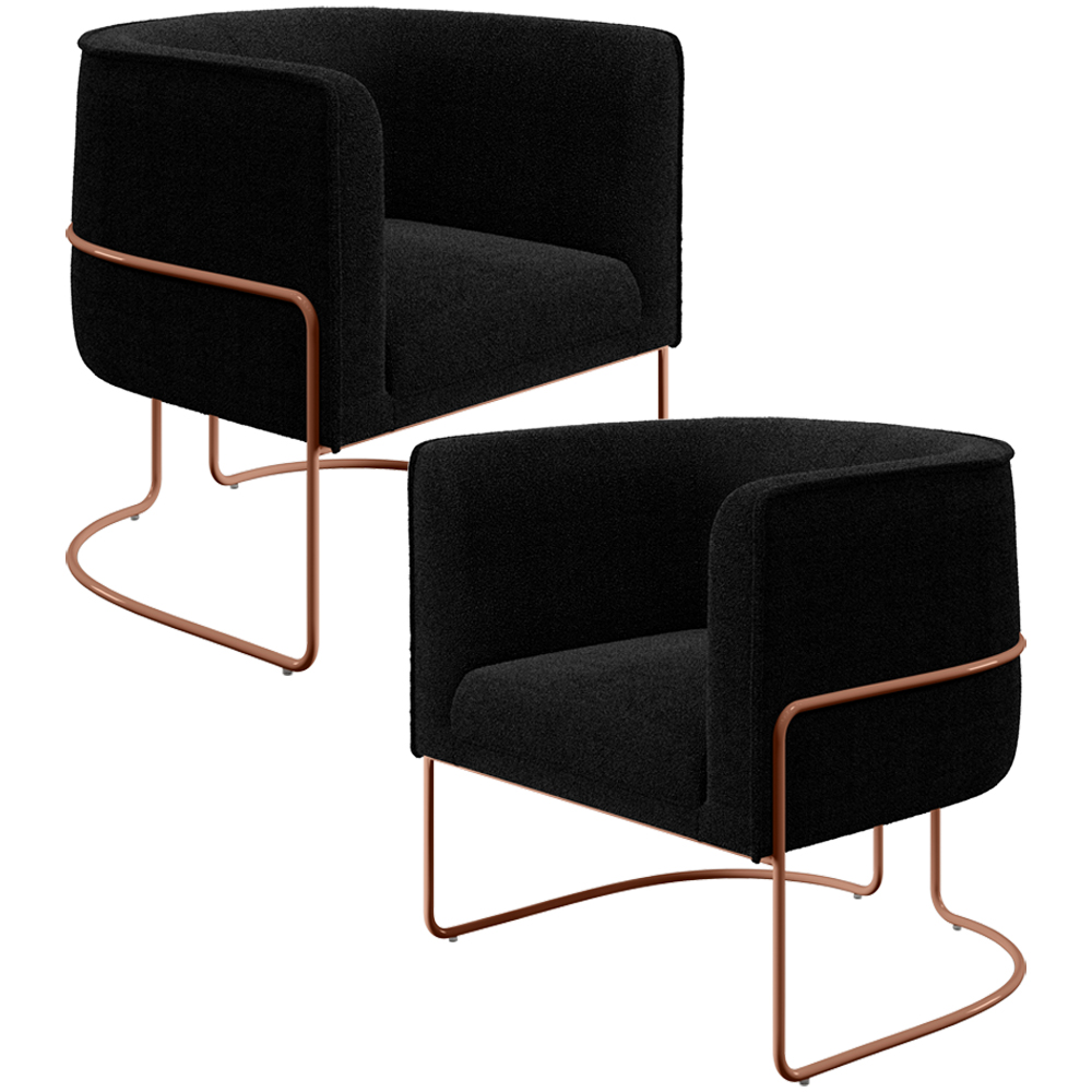 Kit 02 Poltronas Para Sala De Estar Decorativa Fixa Base Aço New Cobre Betina D02 Bouclê Preto - Lyam Decor