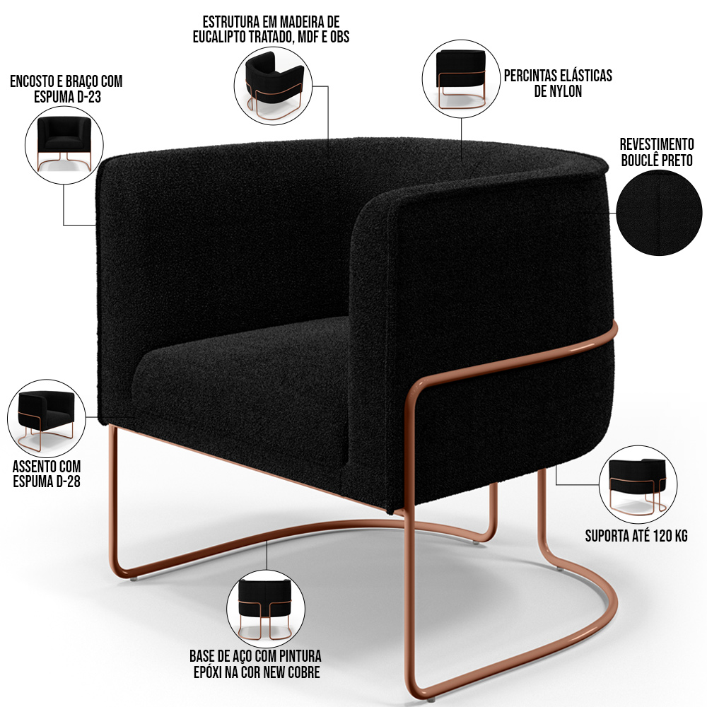 Kit 02 Poltronas Para Sala De Estar Decorativa Fixa Base Aço New Cobre Betina D02 Bouclê Preto - Lyam Decor