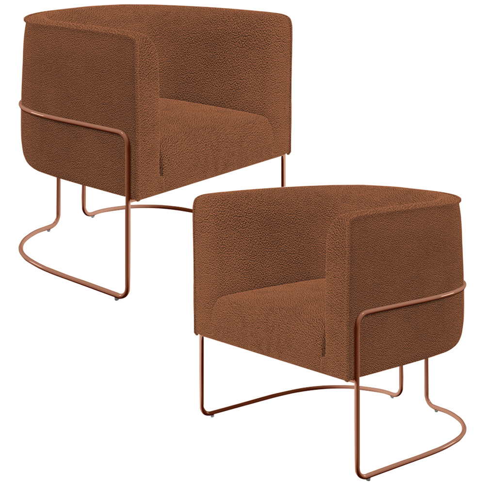Kit 02 Poltronas Para Sala De Estar Decorativa Fixa Base Aço New Cobre Betina D02 Bouclê Terracota - Lyam Decor