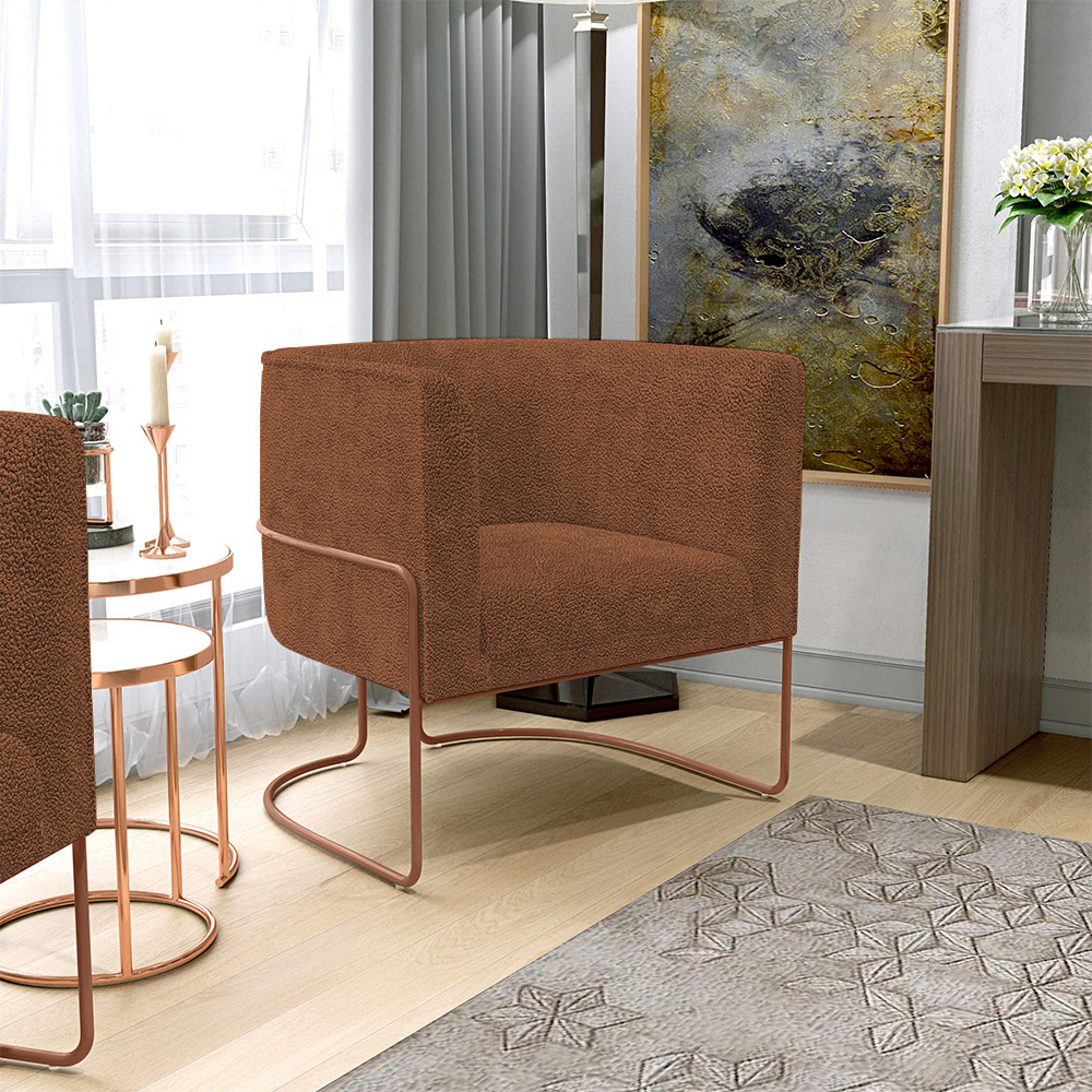 Kit 02 Poltronas Para Sala De Estar Decorativa Fixa Base Aço New Cobre Betina D02 Bouclê Terracota - Lyam Decor