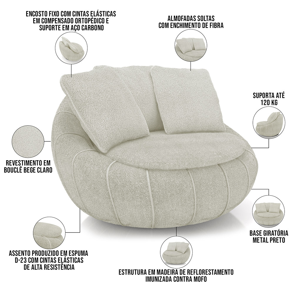 Kit 02 Poltronas Para Sala De Estar Decorativa Giratória Kira M03 Bouclê Bege Claro - Lyam Decor