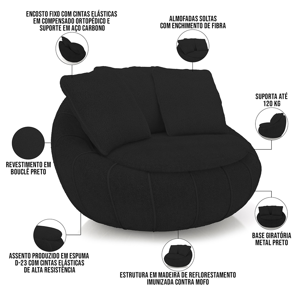 Kit 02 Poltronas Para Sala De Estar Decorativa Giratória Kira M03 Bouclê Preto - Lyam Decor