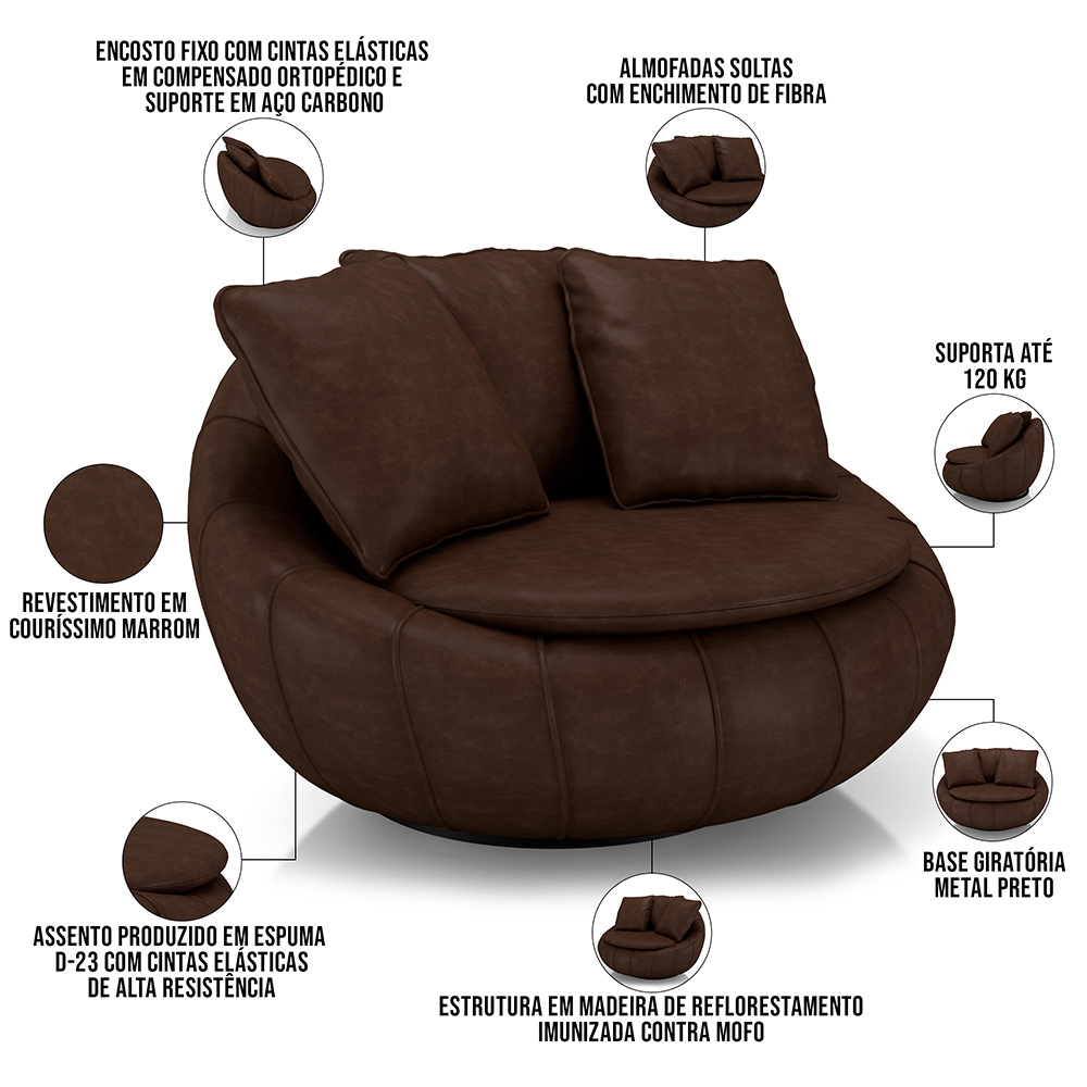 Kit 02 Poltronas Para Sala De Estar Decorativa Giratória Kira M03 Couríssimo Marrom - Lyam Decor