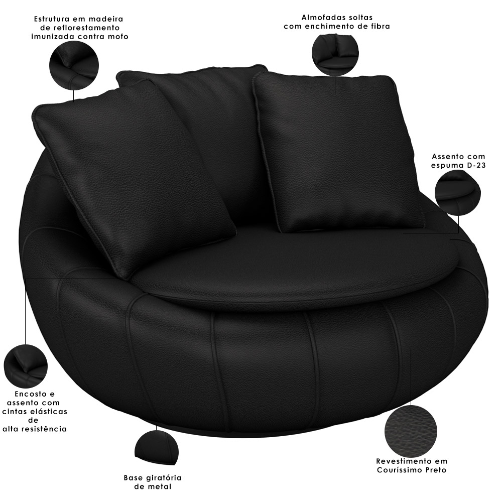 Kit 02 Poltronas Para Sala De Estar Decorativa Giratória Kira M03 Couríssimo Preto - Lyam Decor