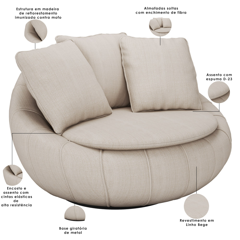 Kit 02 Poltronas Para Sala De Estar Decorativa Giratória Kira M03 Linho Bege - Lyam Decor