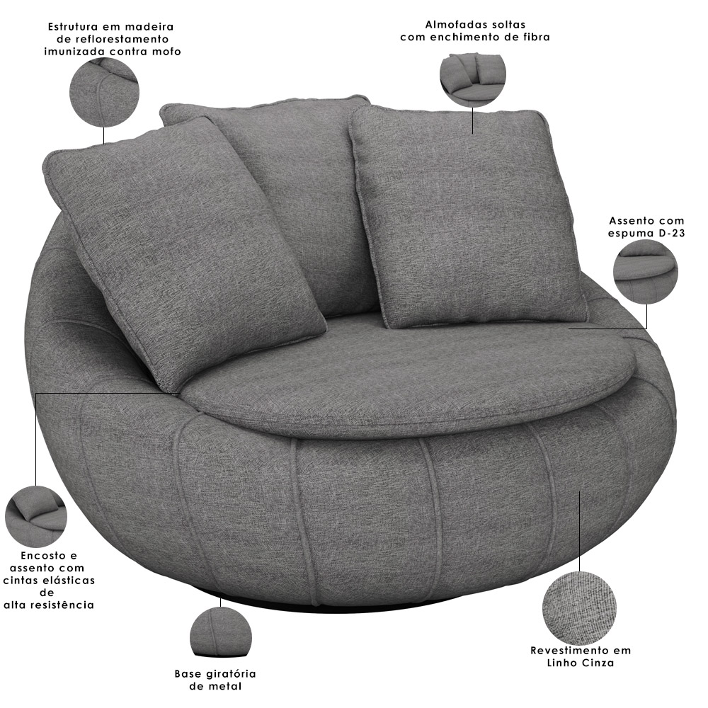 Kit 02 Poltronas Para Sala De Estar Decorativa Giratória Kira M03 Linho Cinza - Lyam Decor