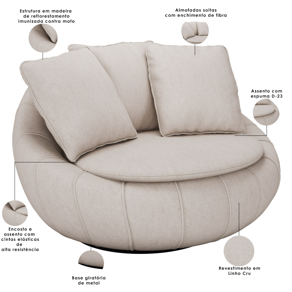 Kit 02 Poltronas Para Sala De Estar Decorativa Giratória Kira M03 Linho Cru - Lyam Decor