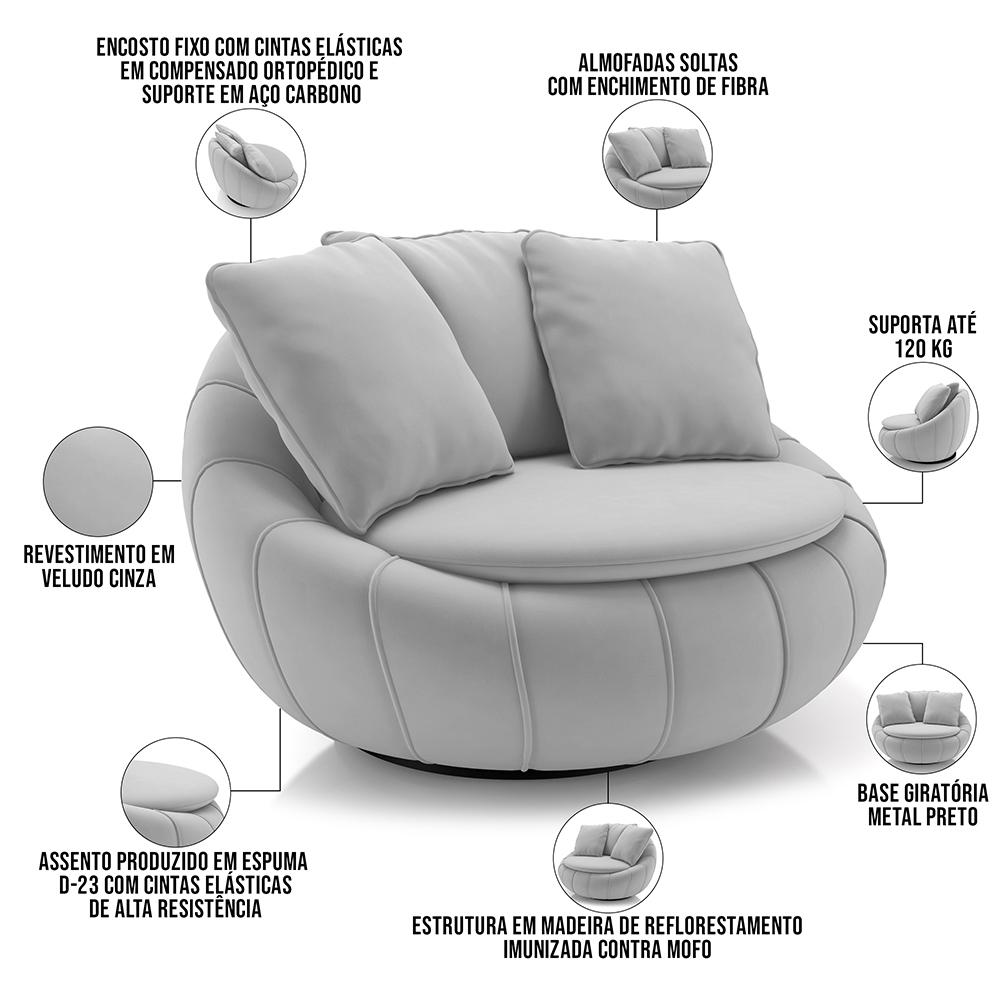 Kit 02 Poltronas Para Sala De Estar Decorativa Giratória Kira M03 Veludo Cinza - Lyam Decor