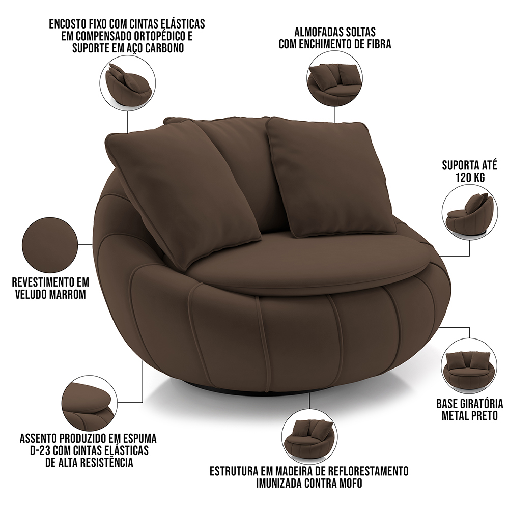 Kit 02 Poltronas Para Sala De Estar Decorativa Giratória Kira M03 Veludo Marrom - Lyam Decor