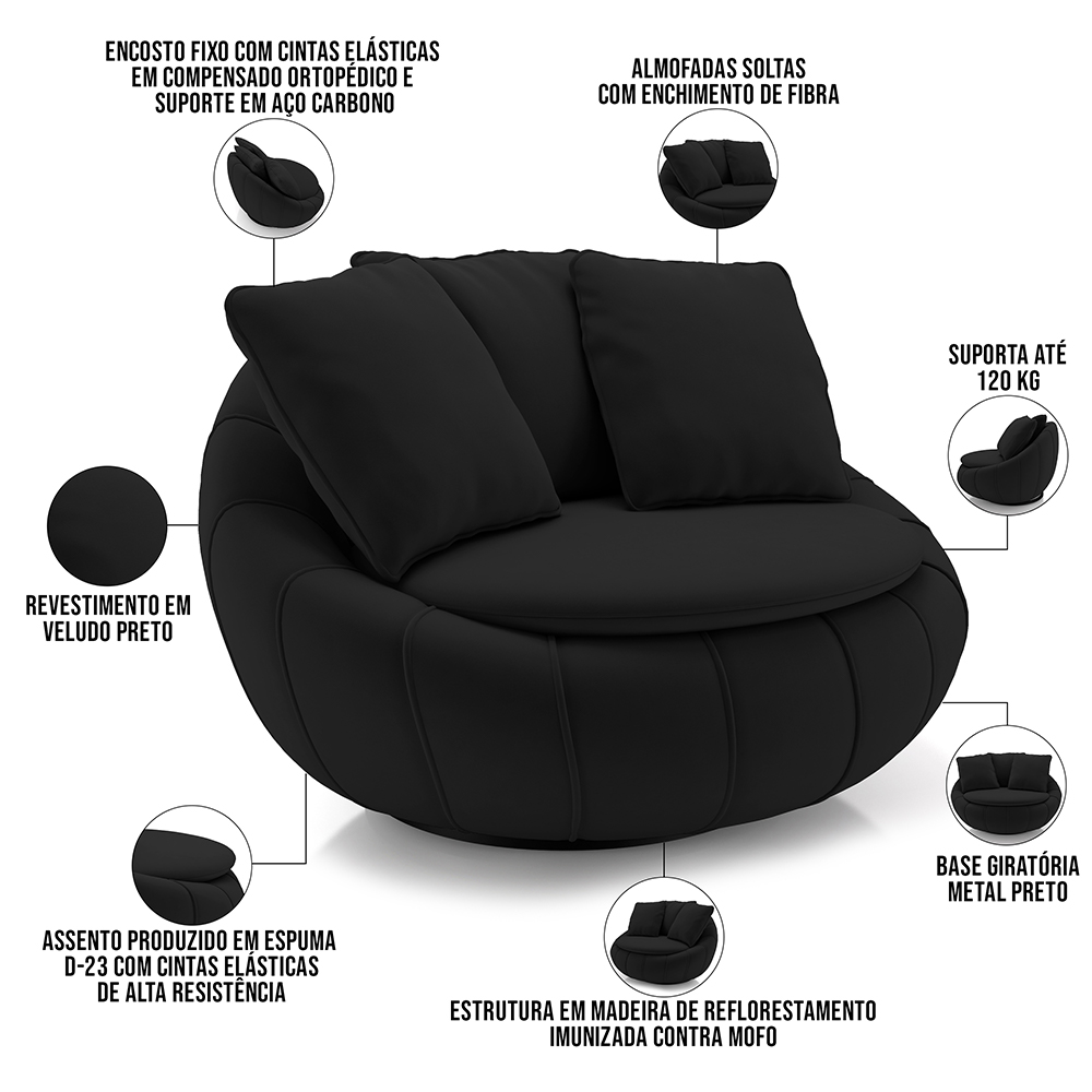 Kit 02 Poltronas Para Sala De Estar Decorativa Giratória Kira M03 Veludo Preto - Lyam Decor