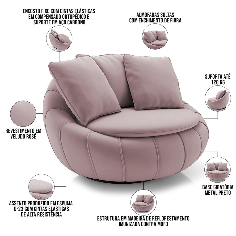 Kit 02 Poltronas Para Sala De Estar Decorativa Giratória Kira M03 Veludo Rosê - Lyam Decor