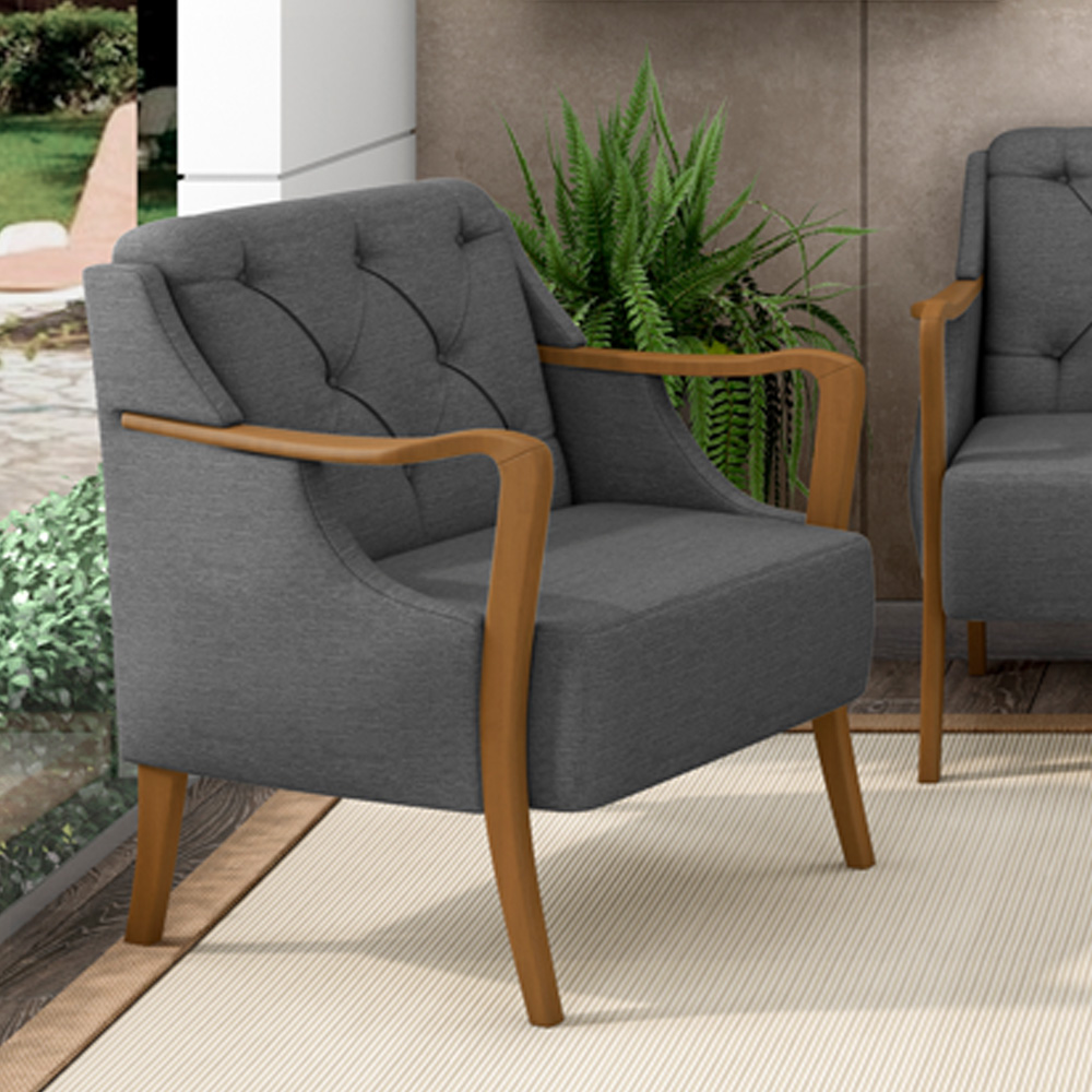 Kit 02 Poltronas Para Sala De Estar Decorativas Base Fixa Coral M03 Linho Chumbo - Lyam Decor
