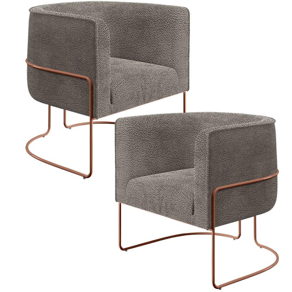 Kit 02 Poltronas Para Sala De Estar Fixa Base Aço New Cobre Betina D02 Bouclê Bege - Lyam Decor