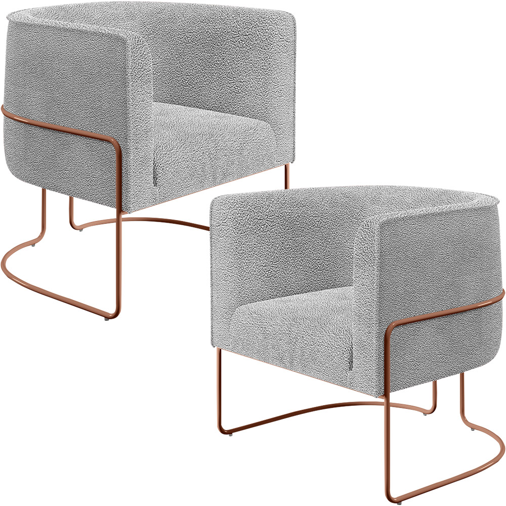 Kit 02 Poltronas Para Sala De Estar Fixa Base Aço New Cobre Betina D02 Bouclê Cinza - Lyam Decor