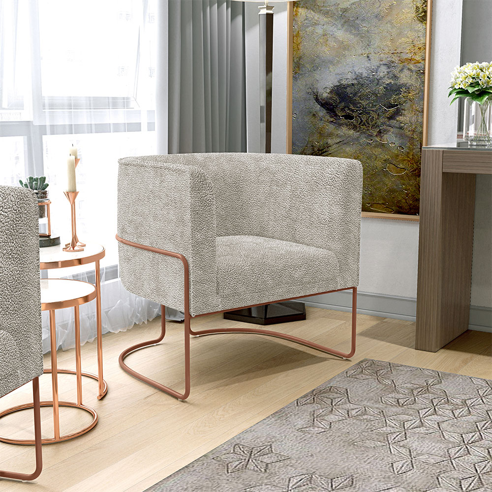 Kit 02 Poltronas Para Sala De Estar Fixa Base Aço New Cobre Betina D02 Bouclê Creme - Lyam Decor