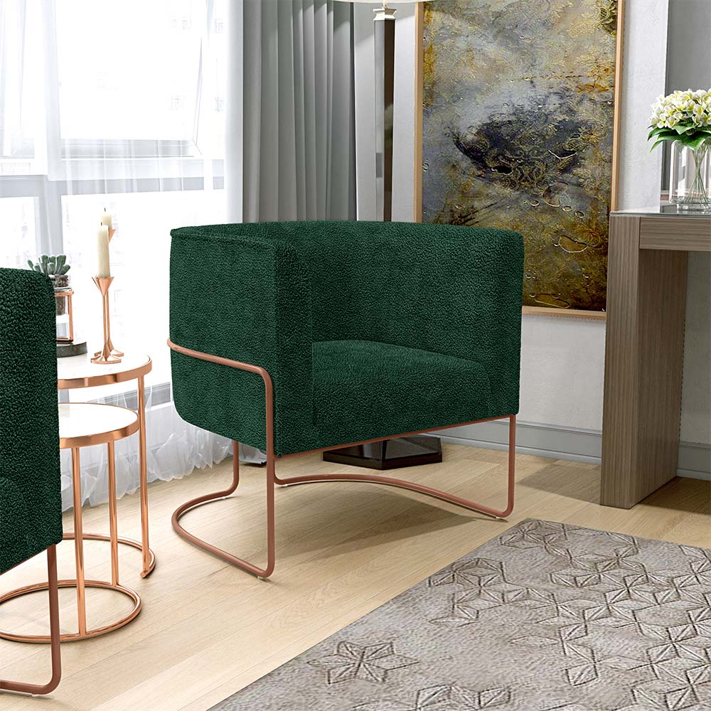Kit 02 Poltronas Para Sala De Estar Fixa Base Aço New Cobre Betina D02 Bouclê Verde - Lyam Decor