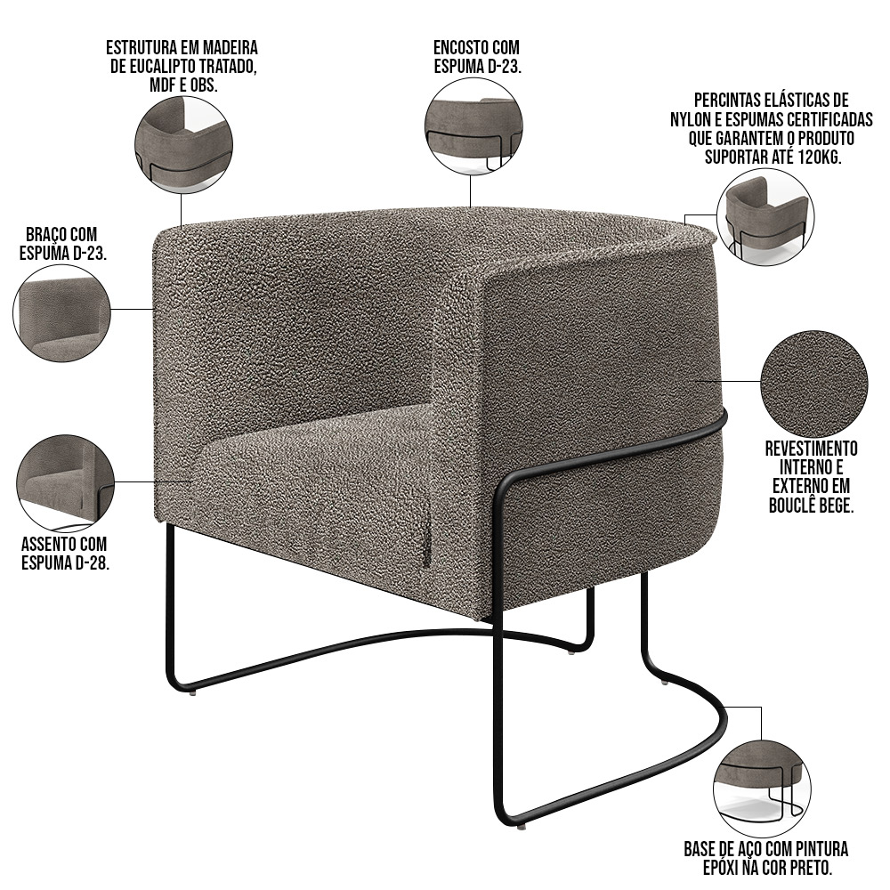 Kit 02 Poltronas Para Sala De Estar Fixa Base Aço Preto Betina D02 Bouclê Bege - Lyam Decor
