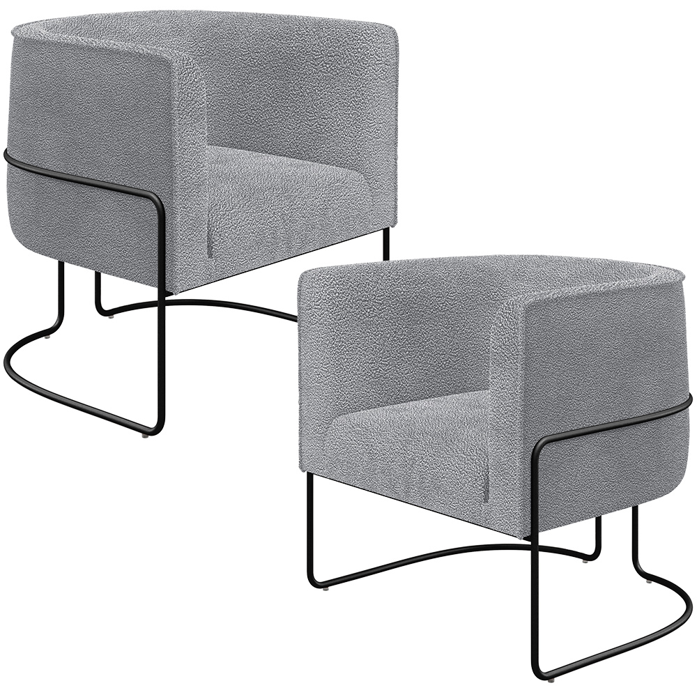 Kit 02 Poltronas Para Sala De Estar Fixa Base Aço Preto Betina D02 Bouclê Cinza - Lyam Decor