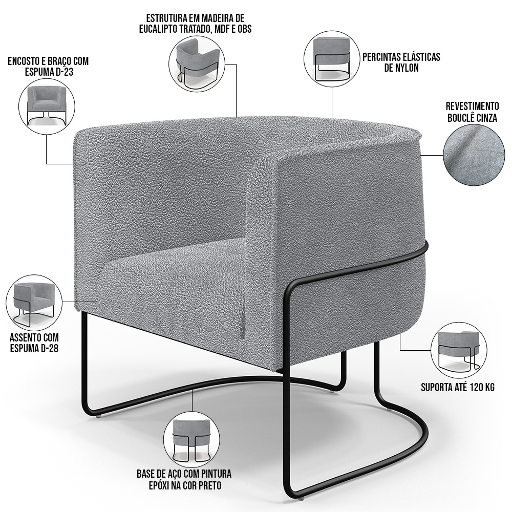 Kit 02 Poltronas Para Sala De Estar Fixa Base Aço Preto Betina D02 Bouclê Cinza - Lyam Decor