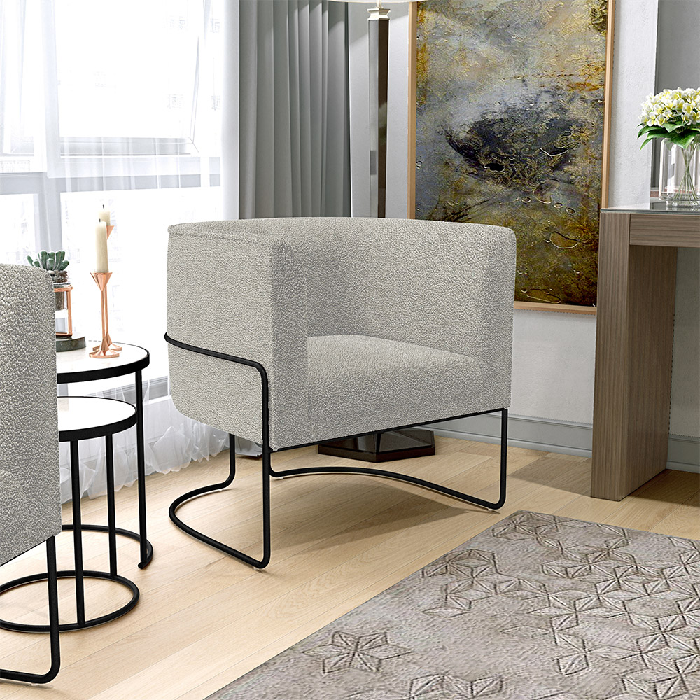 Kit 02 Poltronas Para Sala De Estar Fixa Base Aço Preto Betina D02 Bouclê Creme - Lyam Decor