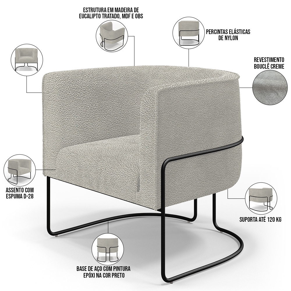 Kit 02 Poltronas Para Sala De Estar Fixa Base Aço Preto Betina D02 Bouclê Creme - Lyam Decor