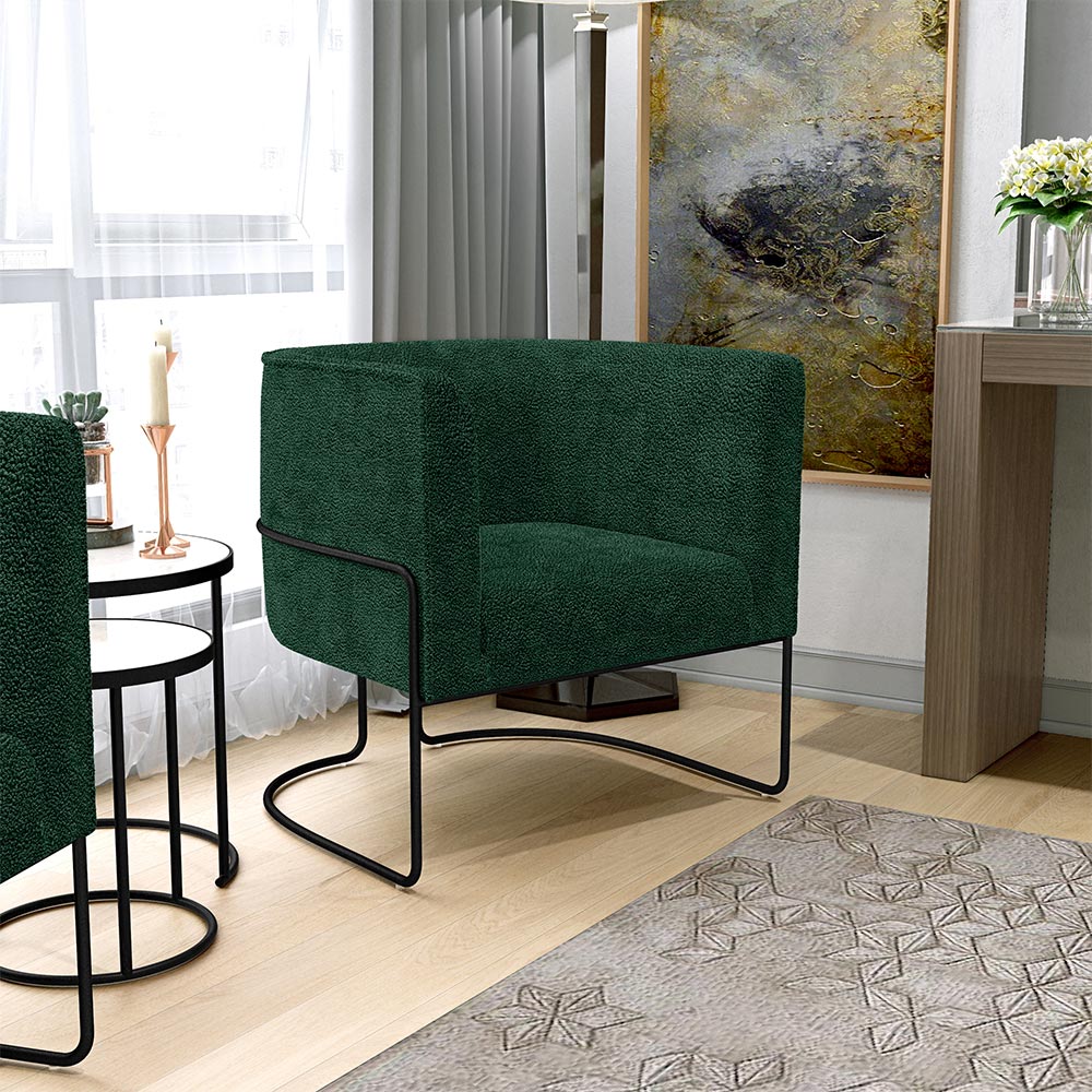 Kit 02 Poltronas Para Sala De Estar Fixa Base Aço Preto Betina D02 Bouclê Verde - Lyam Decor