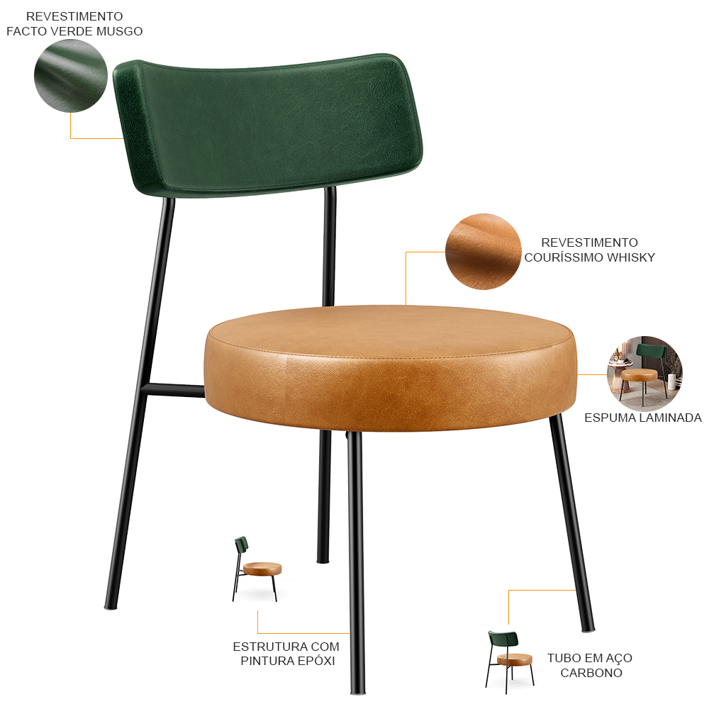 Kit 02 Poltronas Para Sala De Estar Londres L02 Facto Verde Musgo Couríssimo Whisky - Lyam Decor