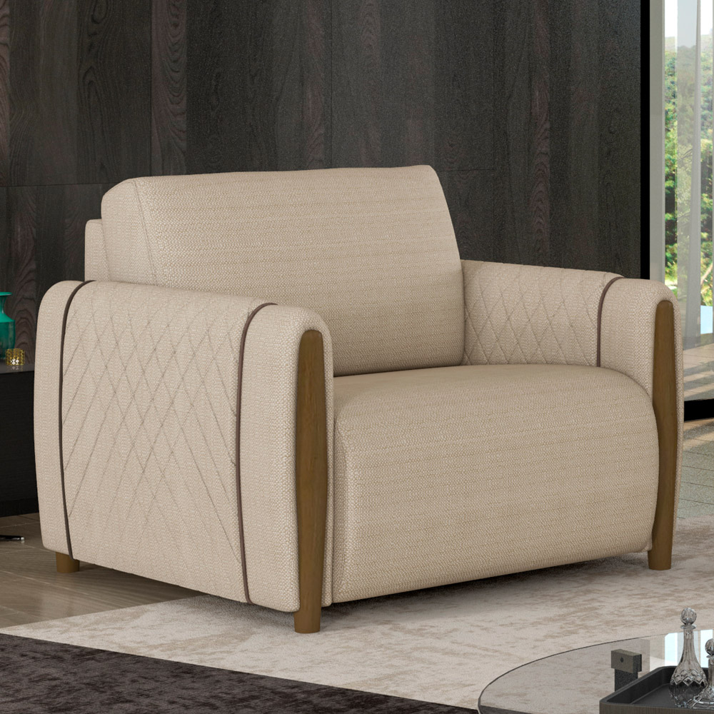 Kit 02 Poltronas Para Sala De Estar Pés De Madeira Base Fixa Flora M03 Linho Bege - Lyam Decor