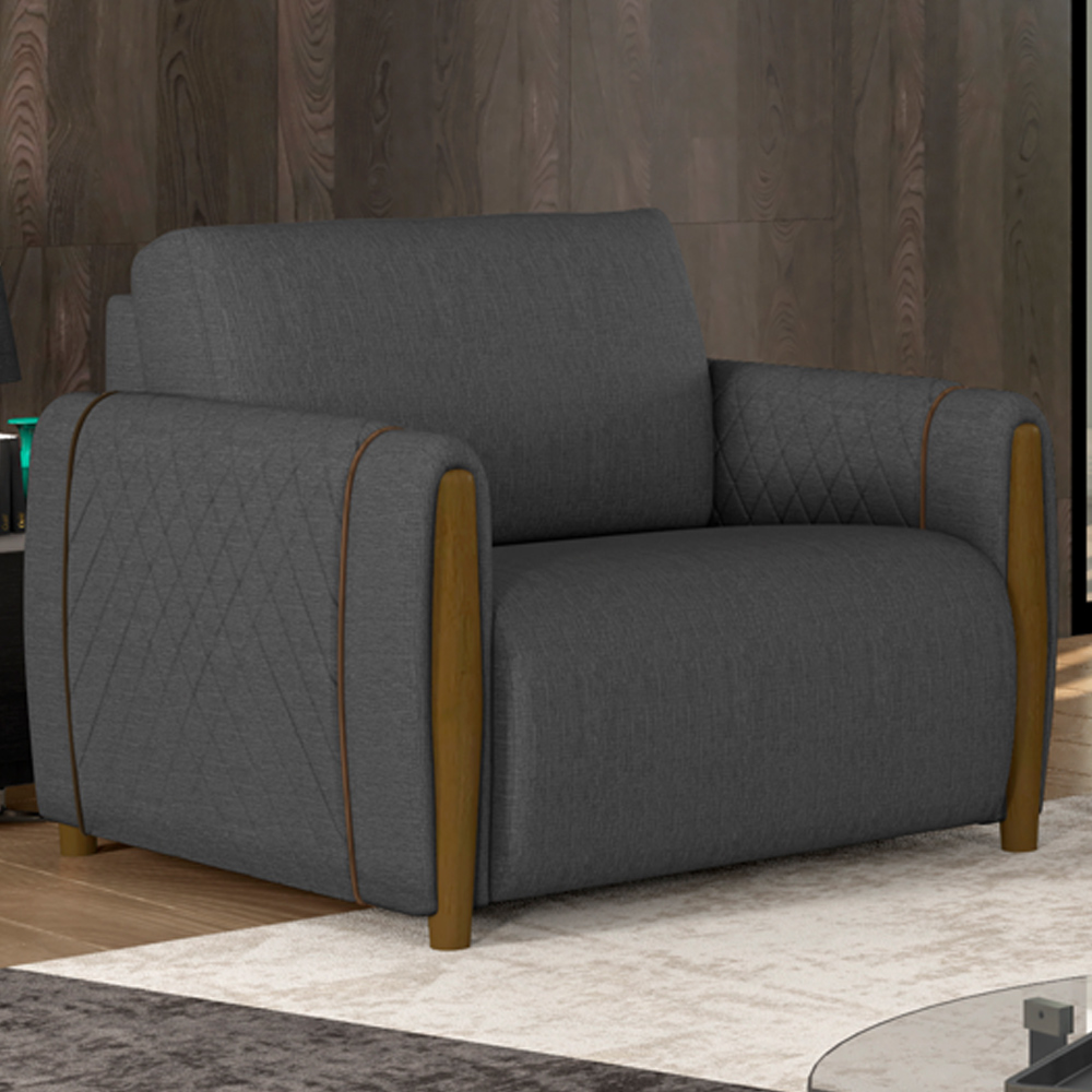 Kit 02 Poltronas Para Sala De Estar Pés De Madeira Base Fixa Flora M03 Linho Chumbo - Lyam Decor