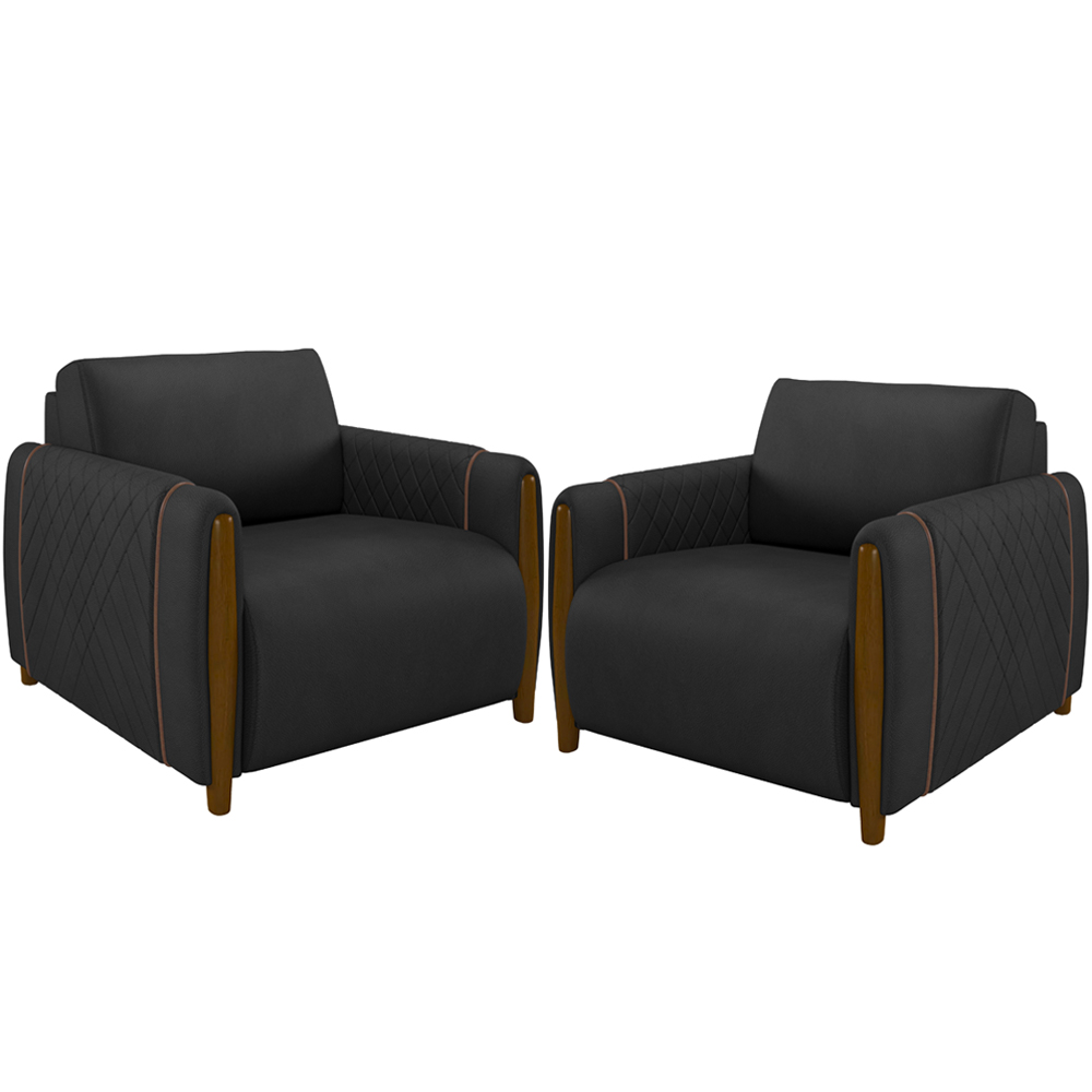 Kit 02 Poltronas Para Sala De Estar Pés De Madeira Fixa Flora M03 Couríssimo Preto - Lyam Decor