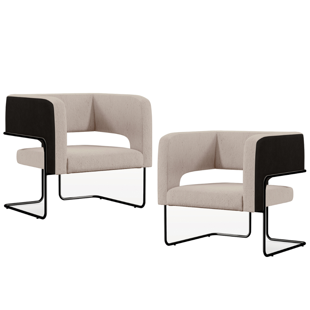 Kit 02 Poltronas Scarlett D02 Base Aço Preto Corano Preto C-05 Linho Bege C-107 - Lyam Decor
