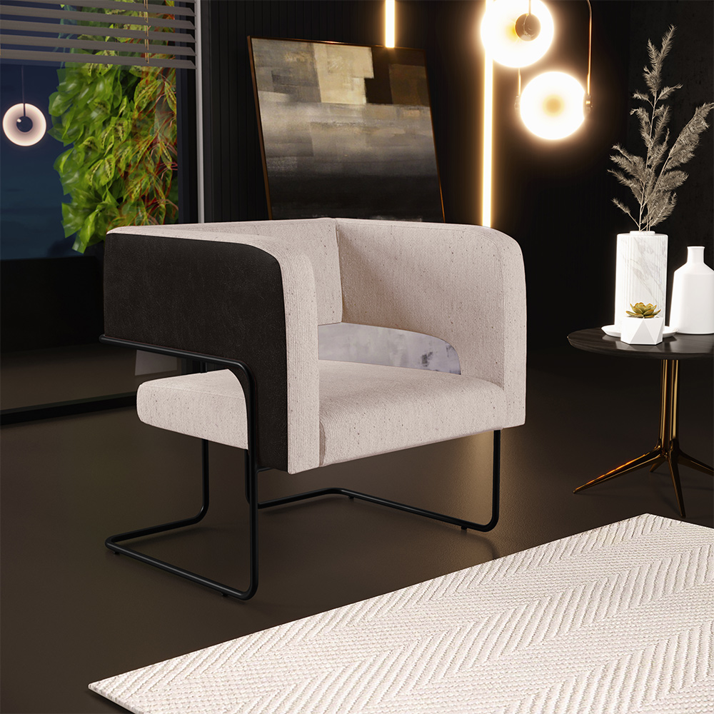 Kit 02 Poltronas Scarlett D02 Base Aço Preto Corano Preto C-05 Linho Bege C-107 - Lyam Decor