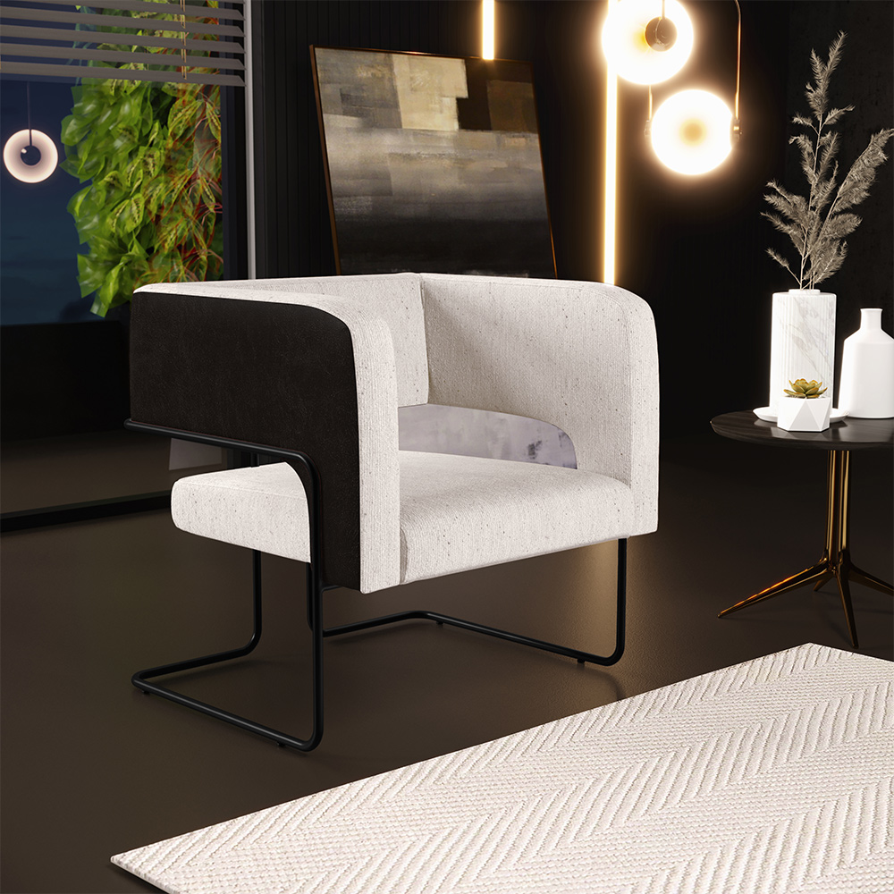 Kit 02 Poltronas Scarlett D02 Base Aço Preto Corano Preto C-05 Linho Cru C-443 - Lyam Decor