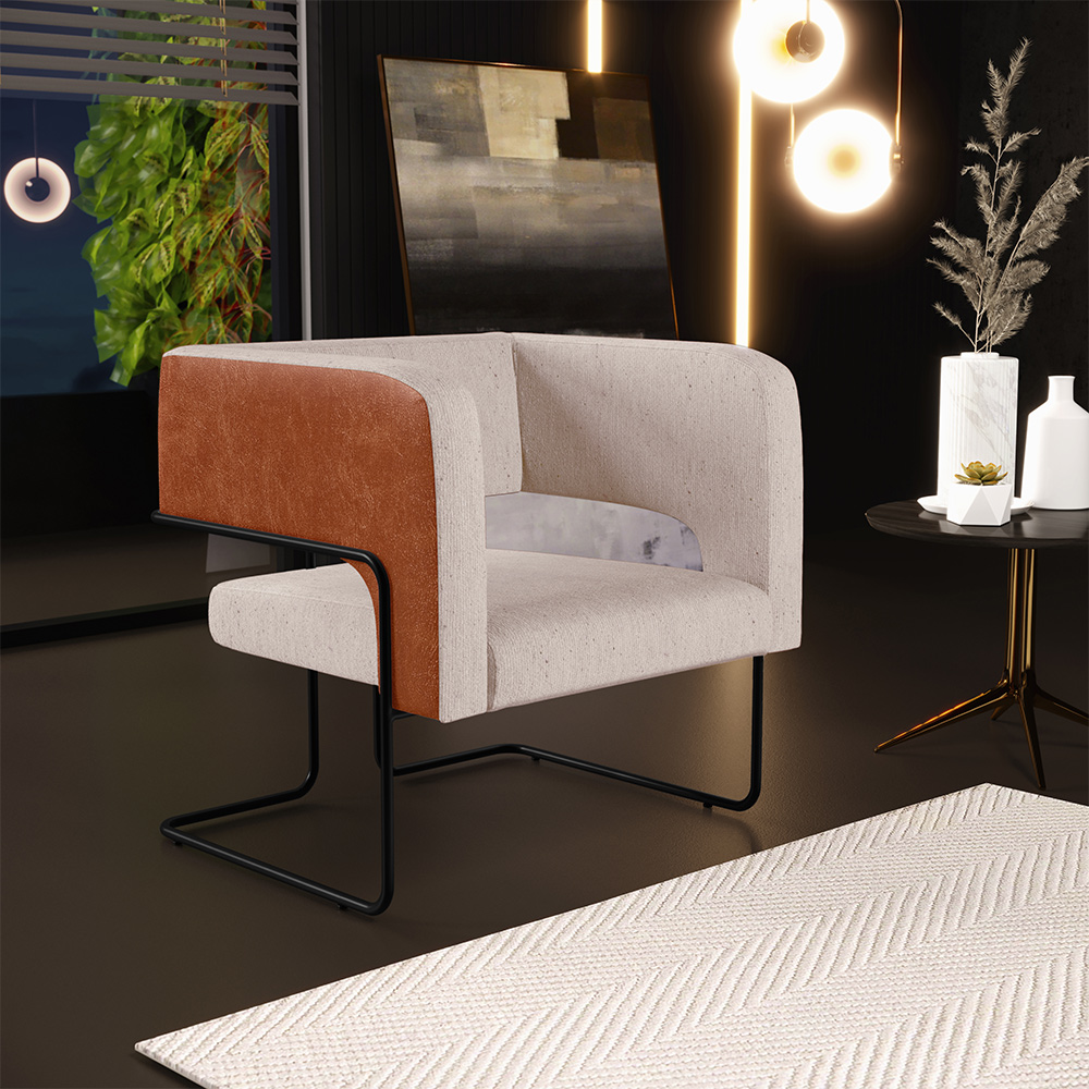 Kit 02 Poltronas Scarlett D02 Base Aço Preto Couríssimo Camel B-14 Linho Bege C-107 - Lyam Decor