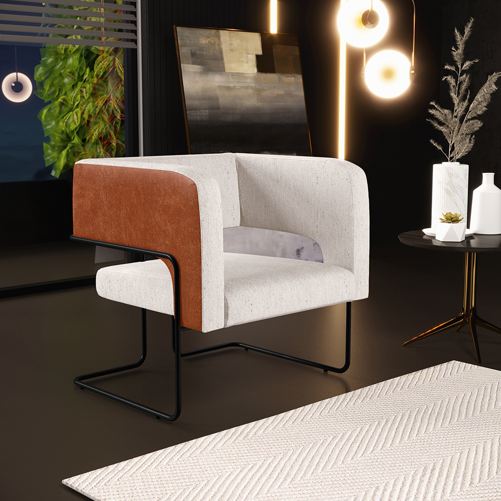 Kit 02 Poltronas Scarlett D02 Base Aço Preto Couríssimo Camel B-14 Linho Cru C-443 - Lyam Decor