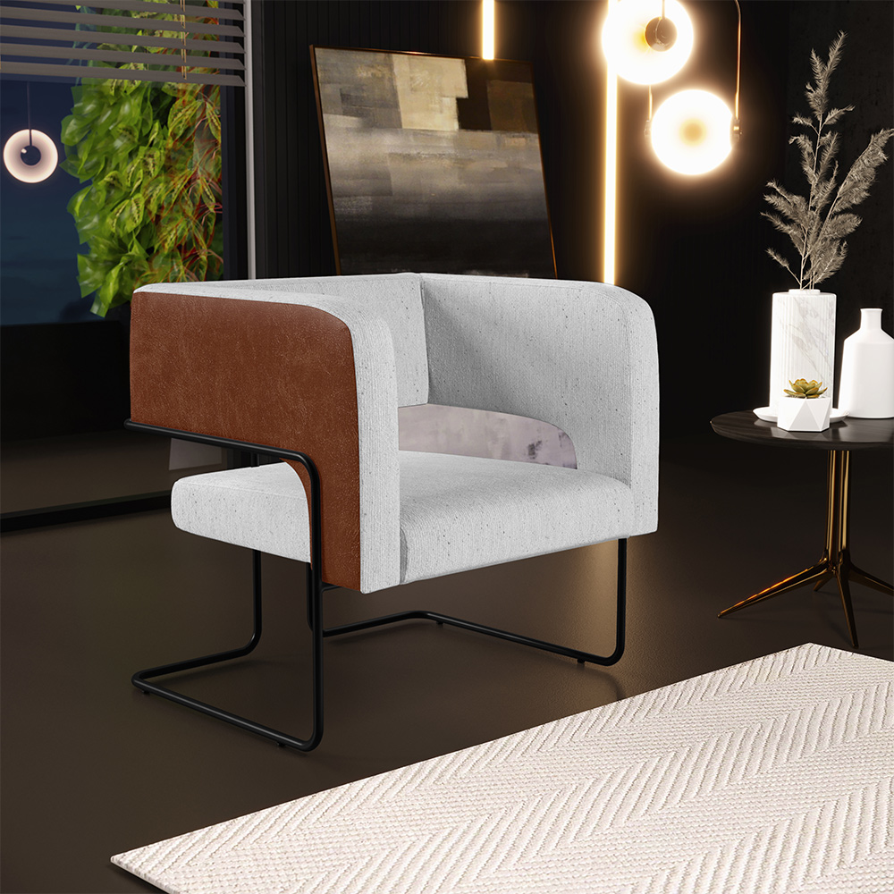 Kit 02 Poltronas Scarlett D02 Base Aço Preto Couríssimo Marrom B-38 Linho Cinza D-315 - Lyam Decor